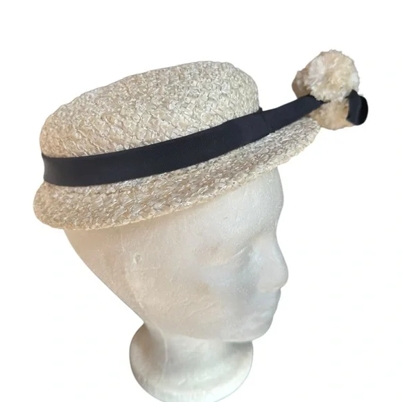 1940s/50s Dolly Madison Raffia Straw Hat w/Pompom Embellishment &‎ Black Ribbon - Picture 4 of 7